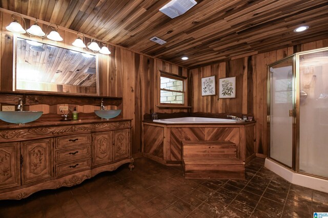 bathroom with tile flooring, independent shower and bath, double sink vanity, wood walls, and wooden ceiling