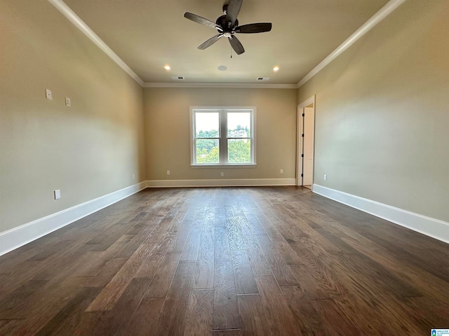 unfurnished room with ornamental molding, dark hardwood / wood-style floors, and ceiling fan