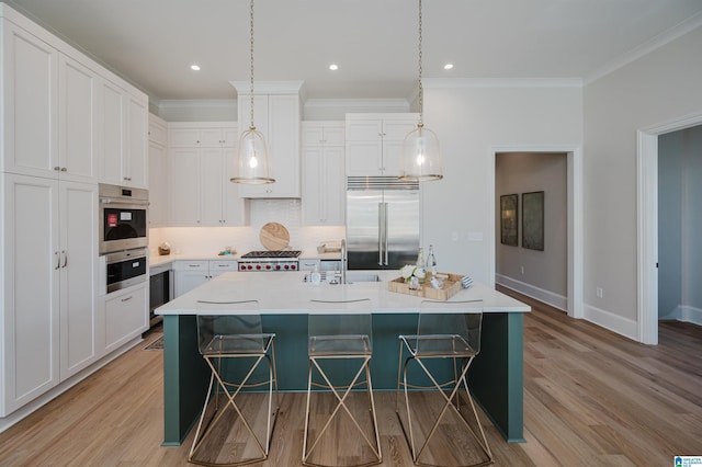 kitchen with light wood-style flooring, ornamental molding, a sink, and stainless steel appliances
