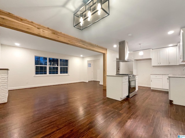 kitchen with white cabinetry, dark wood-type flooring, stainless steel range, and island exhaust hood