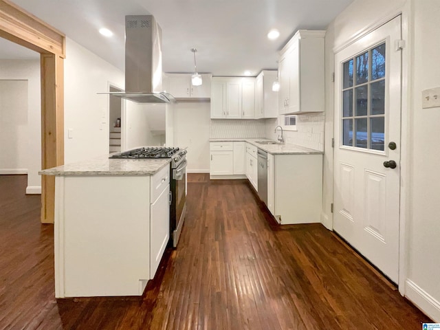 kitchen with appliances with stainless steel finishes, ventilation hood, dark hardwood / wood-style floors, and sink