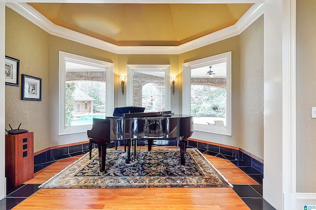 misc room with ornamental molding, dark hardwood / wood-style flooring, ceiling fan, and a raised ceiling