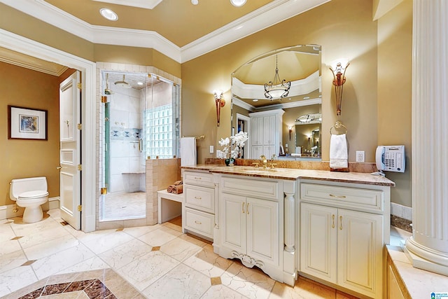 bathroom with walk in shower, toilet, tile floors, ornamental molding, and vanity