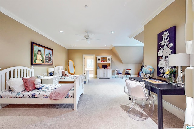 carpeted bedroom featuring ceiling fan and crown molding