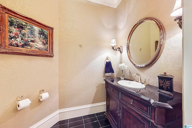 bathroom with large vanity and tile floors