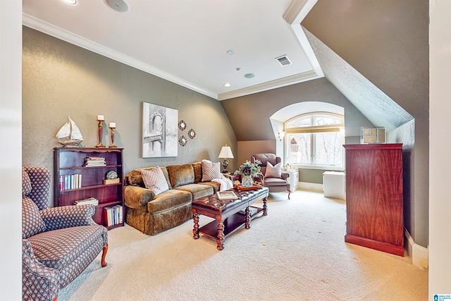 living room featuring vaulted ceiling, crown molding, and carpet flooring