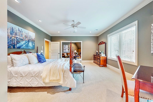 bedroom featuring light colored carpet, ceiling fan, and crown molding