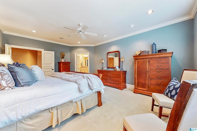 bedroom with light carpet, ceiling fan, and ornamental molding