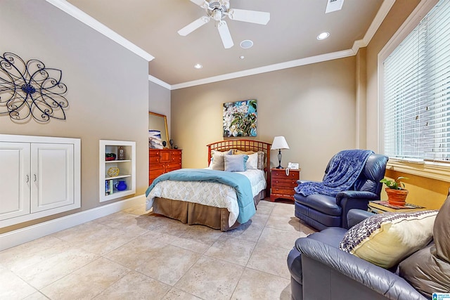 bedroom with tile flooring, ceiling fan, and crown molding