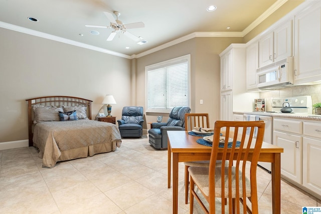 tiled bedroom featuring ceiling fan and crown molding