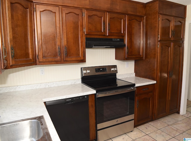 kitchen with light tile flooring, sink, black dishwasher, stainless steel electric range, and ventilation hood