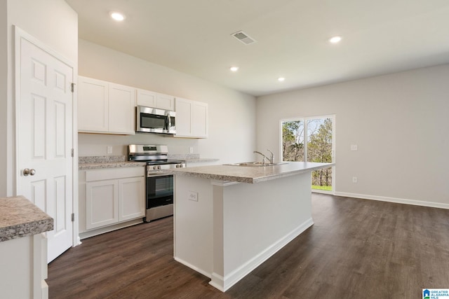 kitchen with stainless steel appliances, dark hardwood / wood-style flooring, white cabinets, and an island with sink