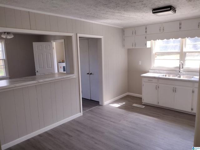 kitchen with hardwood / wood-style floors, plenty of natural light, white cabinetry, and a textured ceiling