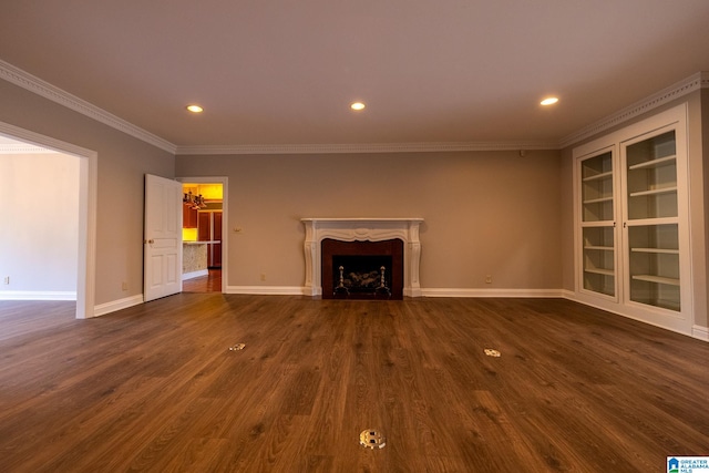 unfurnished living room with dark hardwood / wood-style flooring and ornamental molding