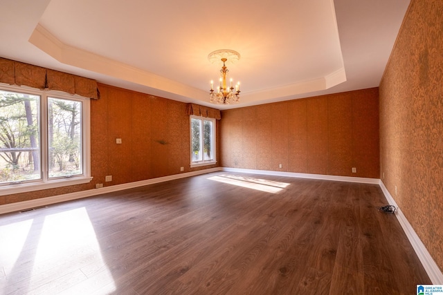 empty room featuring an inviting chandelier, dark hardwood / wood-style floors, and a raised ceiling