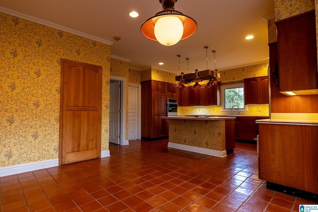 kitchen with tasteful backsplash, pendant lighting, oven, an inviting chandelier, and a center island