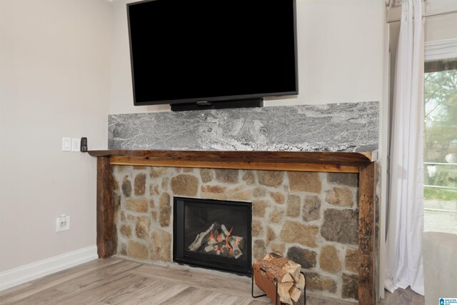 details with light hardwood / wood-style floors and a fireplace