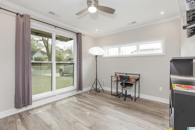 office featuring crown molding, ceiling fan, and light hardwood / wood-style flooring