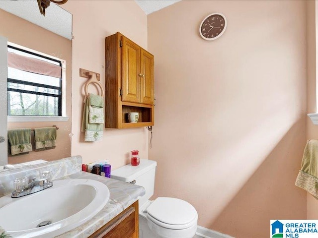 bathroom with toilet and vanity with extensive cabinet space