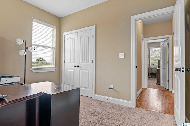 office space with plenty of natural light and light hardwood / wood-style floors