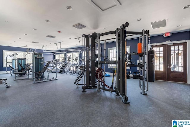 exercise room with a wealth of natural light and french doors