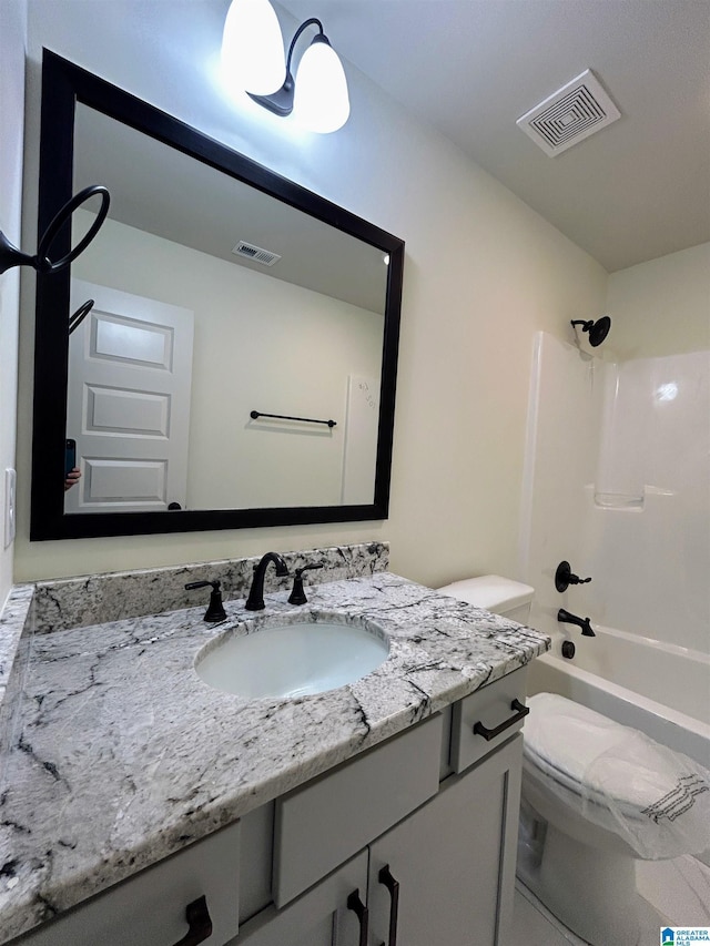 full bath featuring tub / shower combination, visible vents, toilet, and vanity