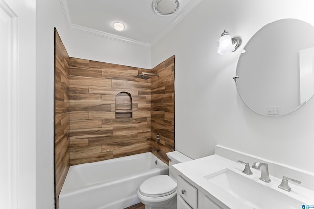 full bathroom with ornamental molding, vanity, tiled shower / bath combo, and toilet