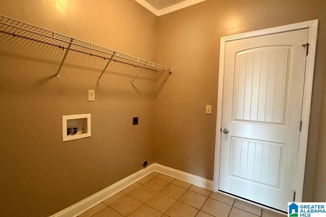 laundry room with hookup for an electric dryer, ornamental molding, tile floors, and hookup for a washing machine