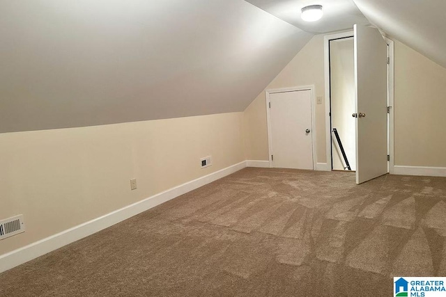 additional living space with vaulted ceiling and carpet flooring