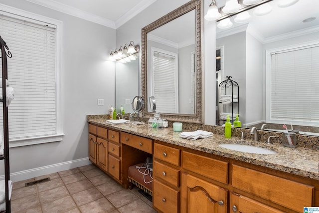 bathroom with double sink, tile flooring, ornamental molding, and large vanity