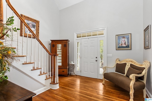 entryway with a high ceiling and wood-type flooring