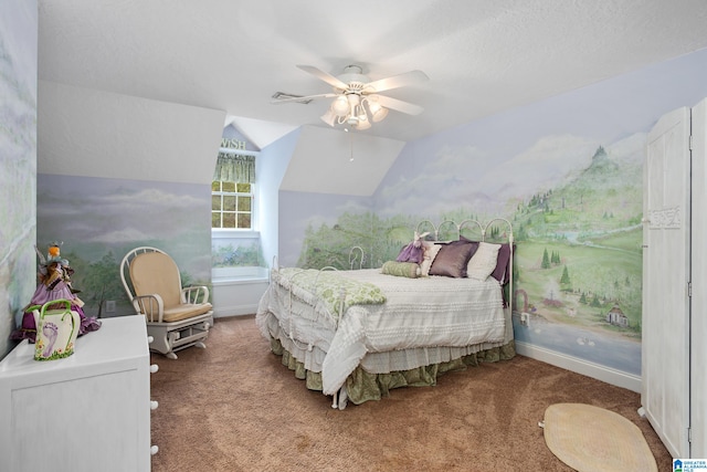 carpeted bedroom with lofted ceiling, ceiling fan, and a textured ceiling