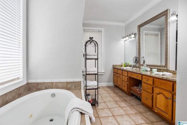 bathroom featuring a bath, tile floors, ornamental molding, and double vanity
