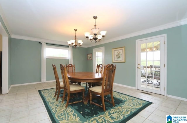 dining space featuring crown molding, light tile patterned floors, and a notable chandelier