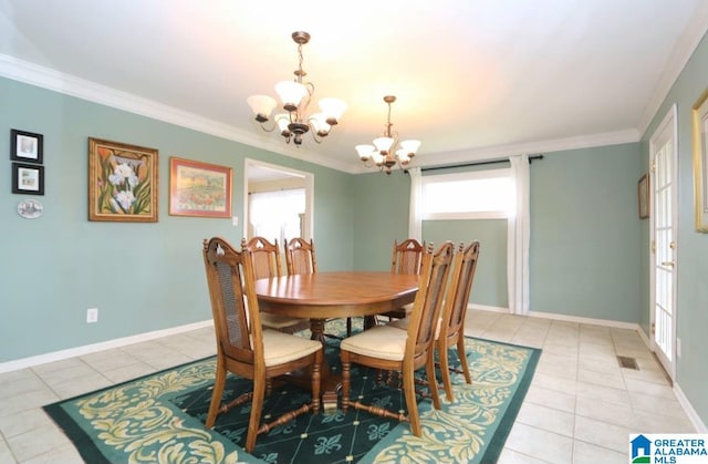 dining space with light tile patterned flooring, plenty of natural light, and a chandelier