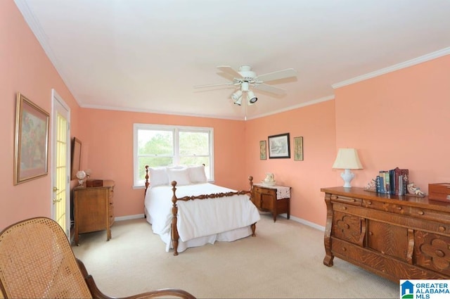 bedroom featuring light carpet, crown molding, and ceiling fan