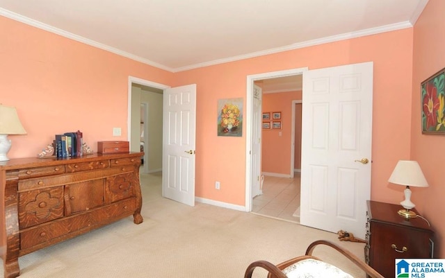 bedroom featuring light carpet and crown molding