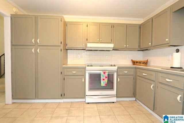 kitchen with tasteful backsplash, white range with electric cooktop, ornamental molding, and light tile patterned floors