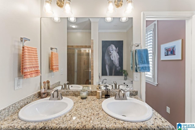 bathroom with ornamental molding, plus walk in shower, a wealth of natural light, and dual bowl vanity