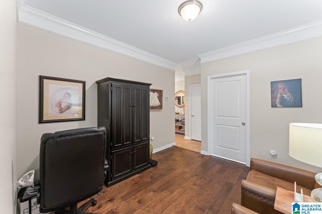 office featuring ornamental molding and dark hardwood / wood-style floors