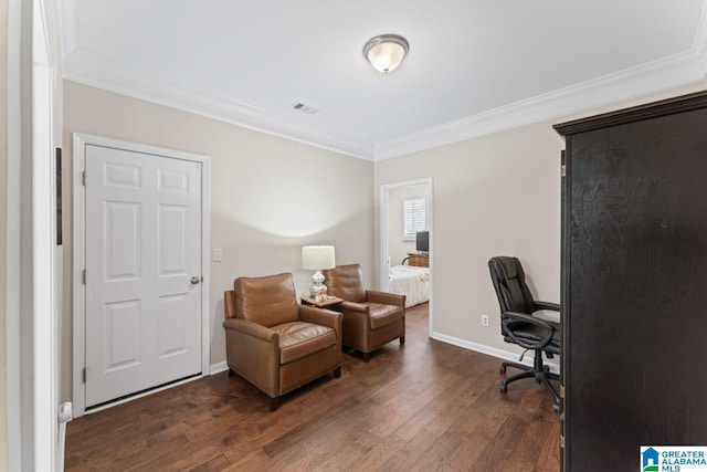 office area with crown molding and dark wood-type flooring