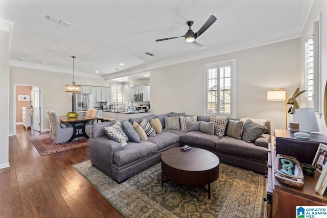 living room featuring dark hardwood / wood-style floors, ceiling fan with notable chandelier, sink, and ornamental molding