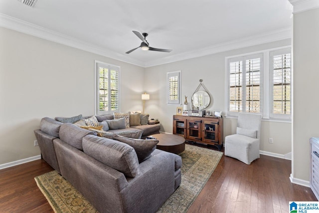 living room with ceiling fan, dark wood-type flooring, and crown molding