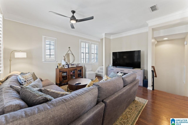 living room featuring ceiling fan, ornamental molding, and dark wood-type flooring