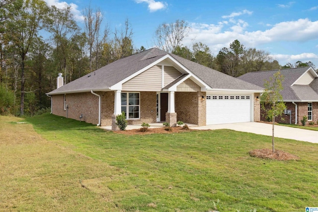 view of front facade with covered porch, a garage, and a front yard