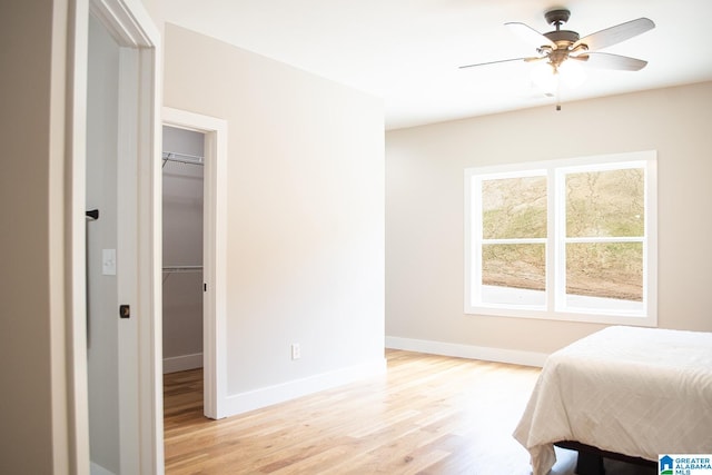 bedroom with a closet, a spacious closet, ceiling fan, and light wood-type flooring