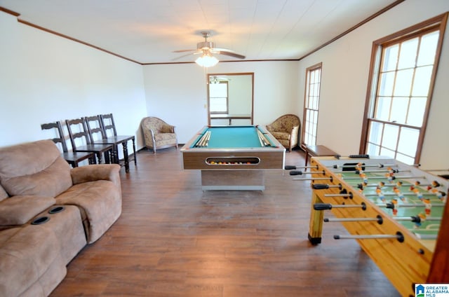 recreation room with ceiling fan, billiards, dark hardwood / wood-style flooring, and ornamental molding