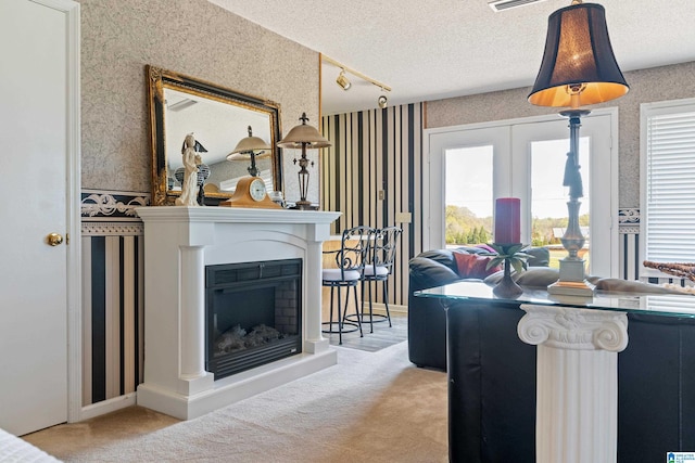 living room featuring track lighting, a wealth of natural light, light colored carpet, and a textured ceiling
