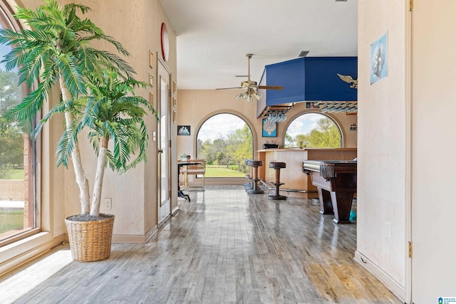 interior space with ceiling fan, light hardwood / wood-style floors, and plenty of natural light