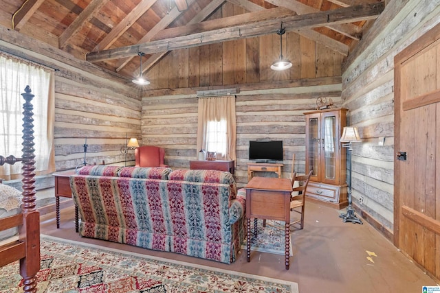 living room with log walls, beam ceiling, high vaulted ceiling, and wood ceiling